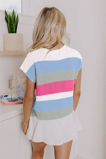 Light Blue Color Block Notch V Neck Sweater T Shirt for Women - Love Salve