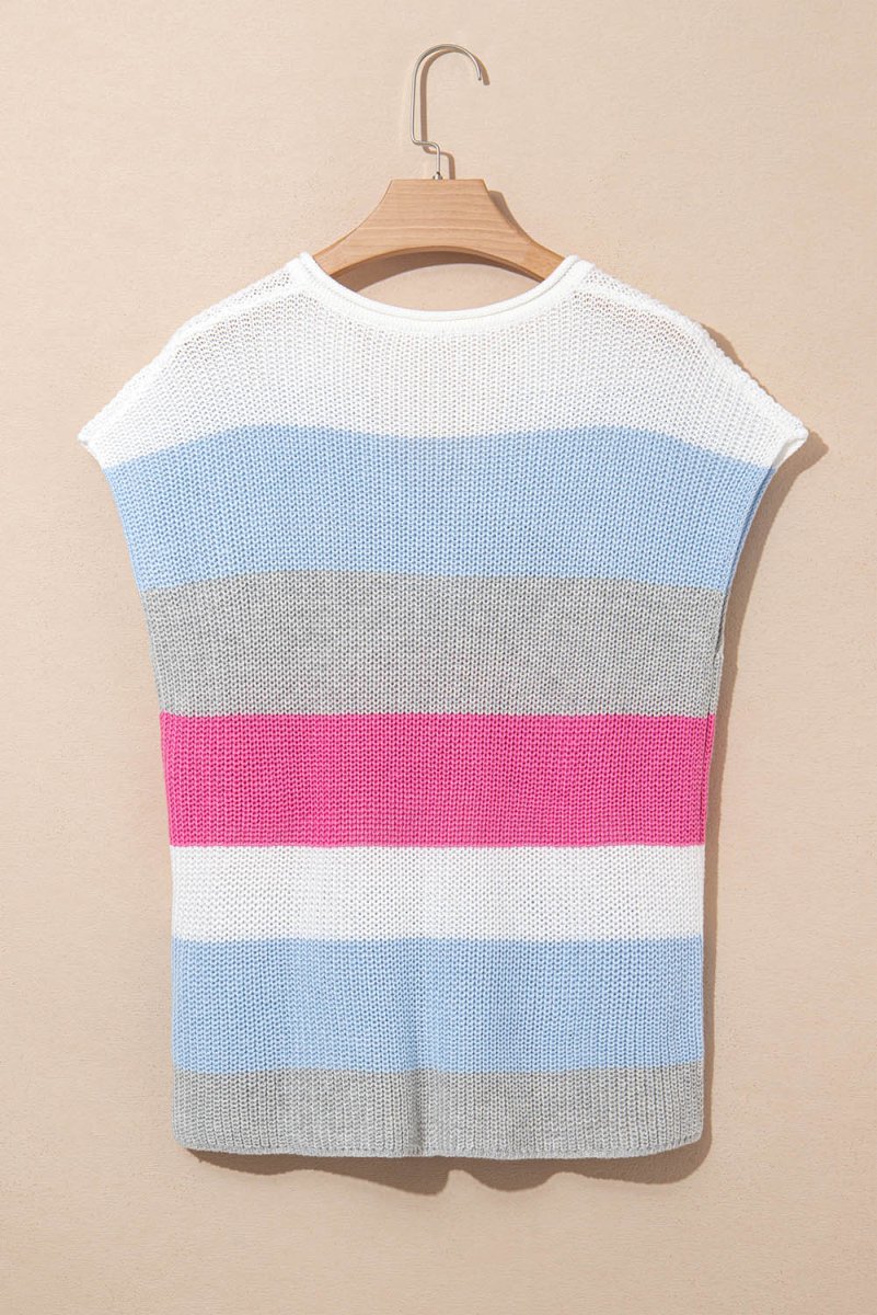 Light Blue Color Block Notch V Neck Sweater T Shirt for Women - Love Salve