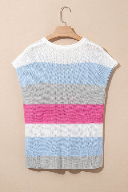 Light Blue Color Block Notch V Neck Sweater T Shirt for Women - Love Salve