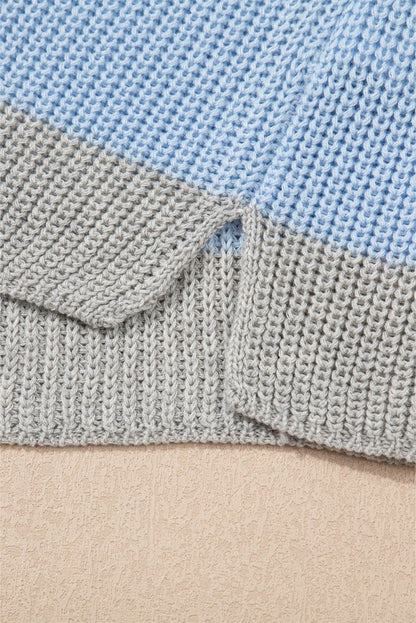 Light Blue Color Block Notch V Neck Sweater T Shirt for Women - Love Salve