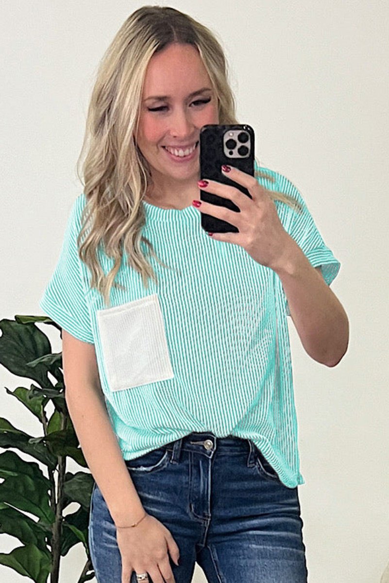 Light Blue Corded Knit Color Block Pocketed Crew Neck T Shirt - Love Salve 