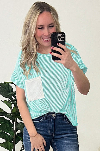 Light Blue Corded Knit Color Block Pocketed Crew Neck T Shirt - Love Salve 