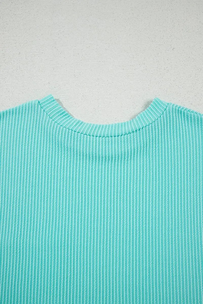 Light Blue Corded Knit Color Block Pocketed Crew Neck T Shirt - Love Salve 