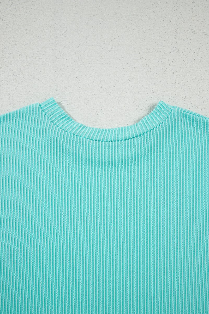 Light Blue Corded Knit Color Block Pocketed Crew Neck T Shirt - Love Salve 