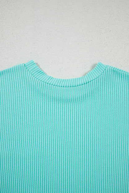 Light Blue Corded Knit Color Block Pocketed Crew Neck T Shirt - Love Salve 