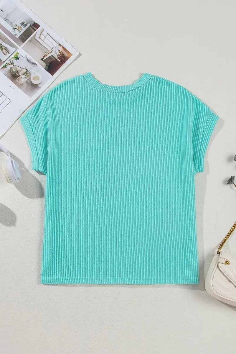 Light Blue Corded Knit Color Block Pocketed Crew Neck T Shirt - Love Salve 