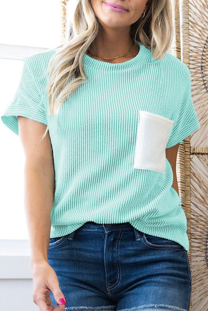Light Blue Corded Knit Color Block Pocketed Crew Neck T Shirt - Love Salve 