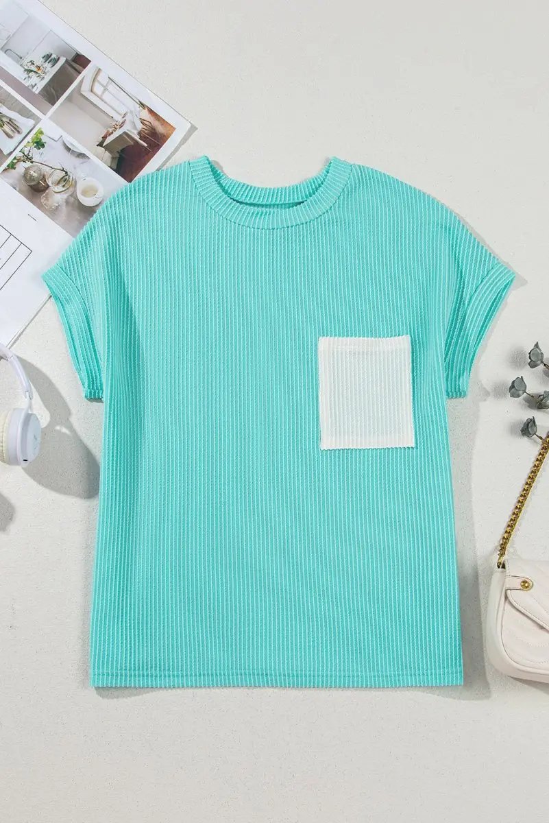 Light Blue Corded Knit Color Block Pocketed Crew Neck T Shirt - Love Salve 