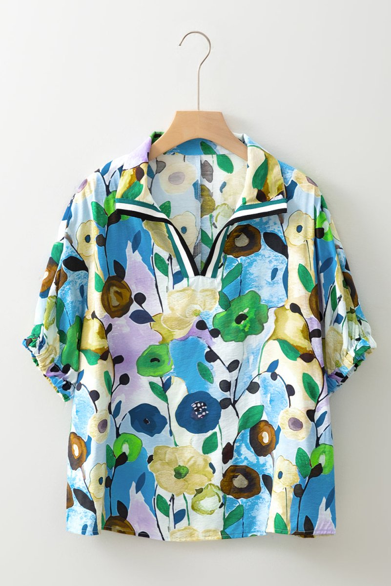 Light Blue Floral Print Slit V Neck Short Sleeve Blouse - Love Salve 