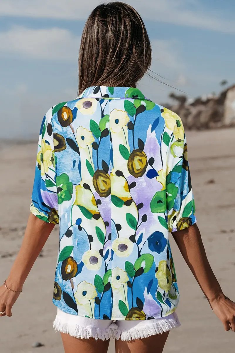 Light Blue Floral Print Slit V Neck Short Sleeve Blouse - Love Salve 