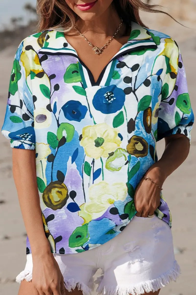 Light Blue Floral Print Slit V Neck Short Sleeve Blouse - Love Salve 