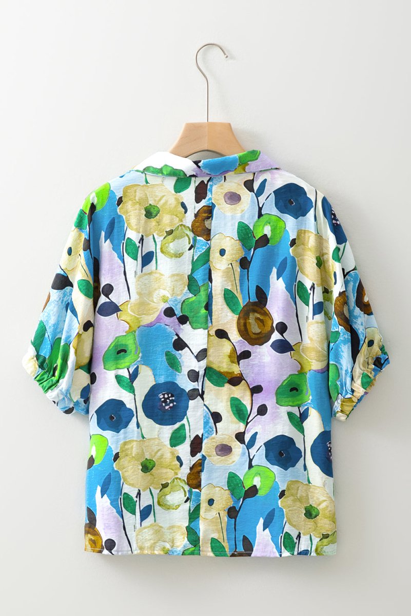Light Blue Floral Print Slit V Neck Short Sleeve Blouse - Love Salve 