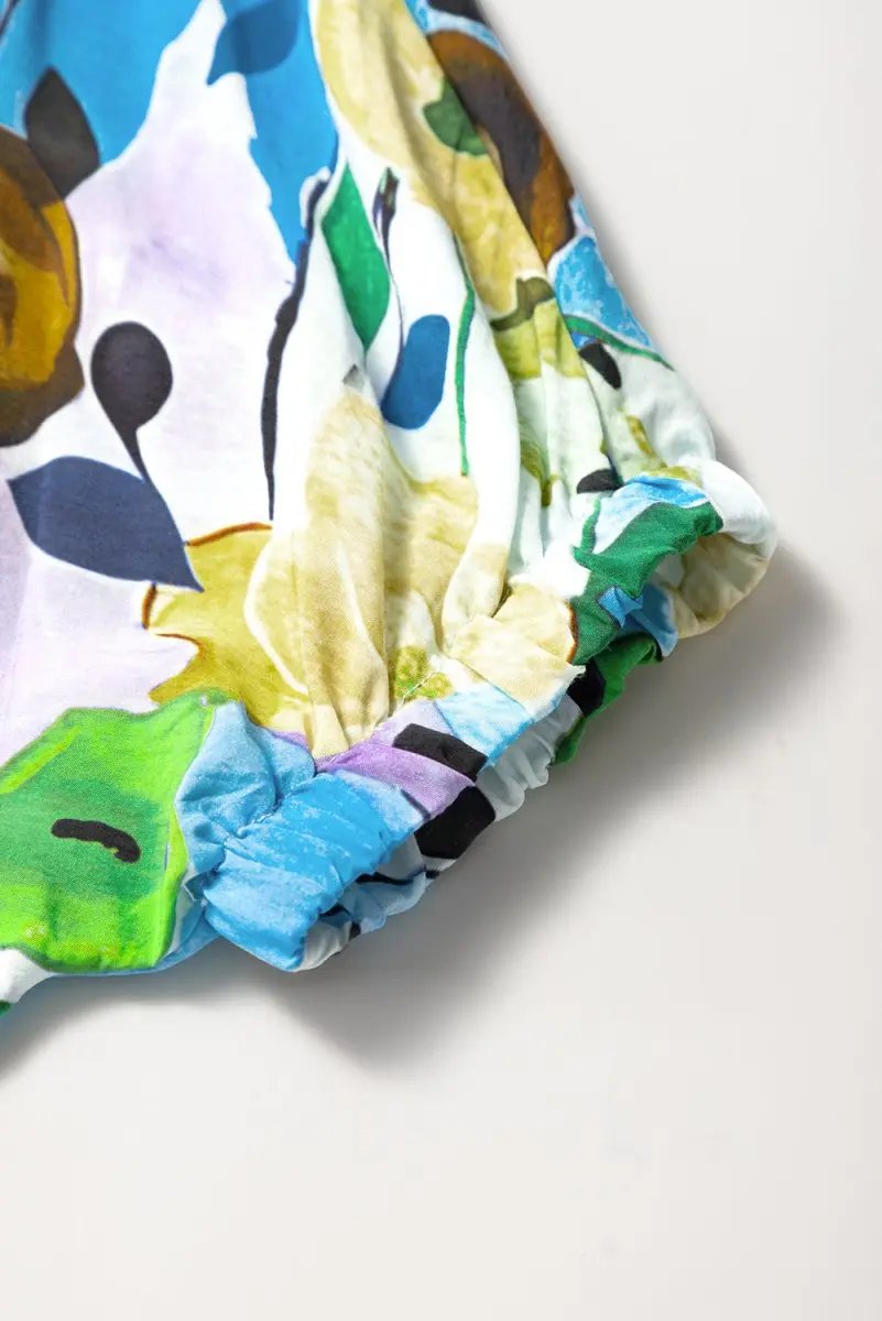 Light Blue Floral Print Slit V Neck Short Sleeve Blouse - Love Salve 