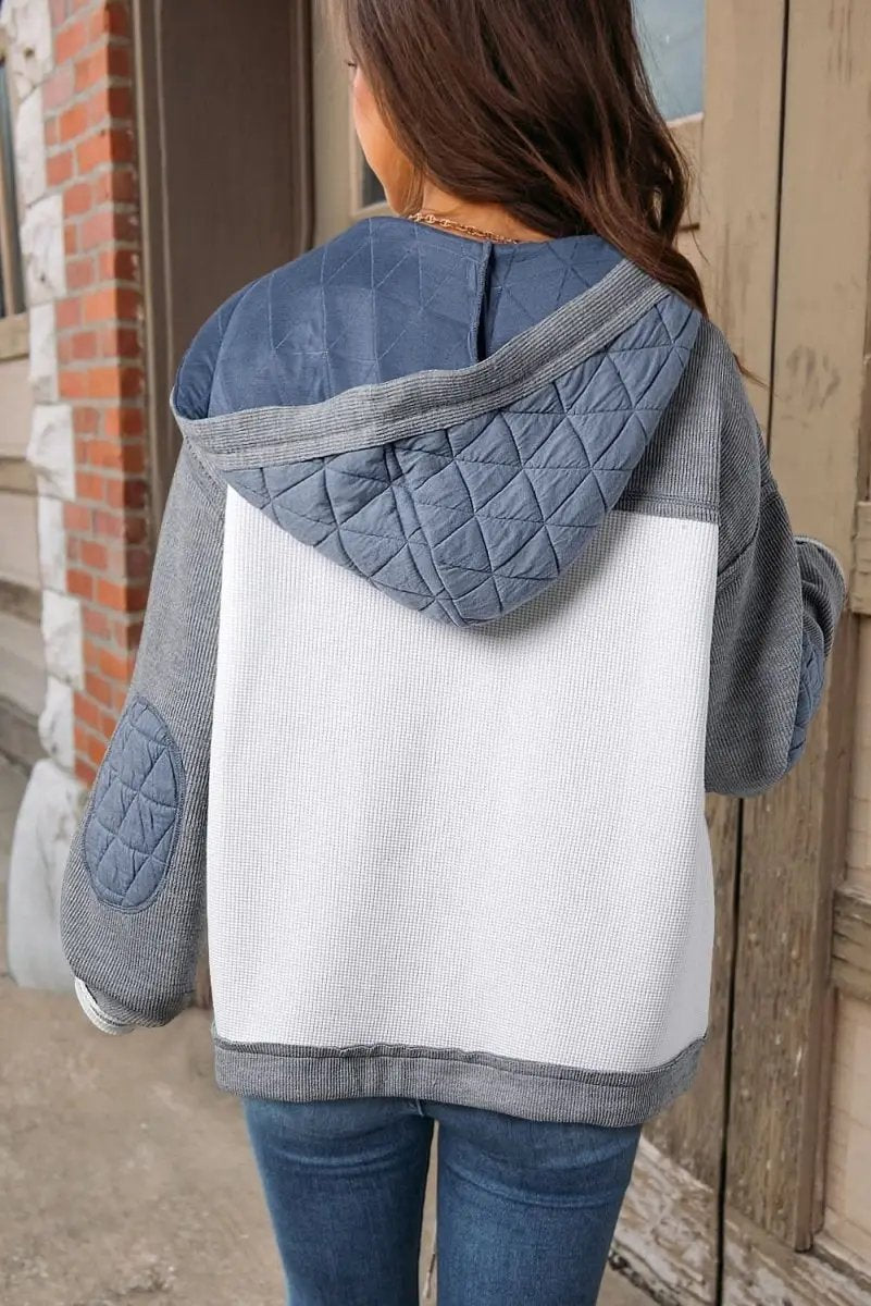 Light Blue Quilted Textured Patchwork Loose Fit Hooded Jacket - Love Salve 