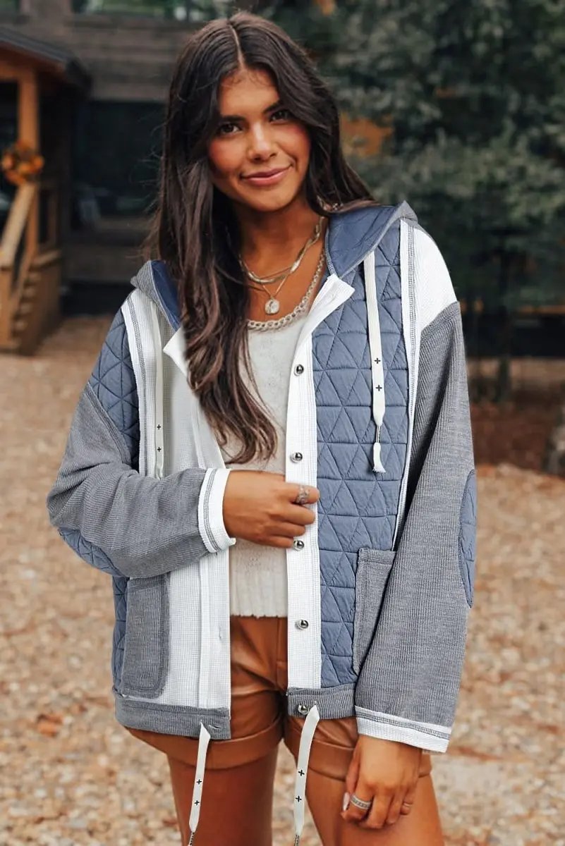 Light Blue Quilted Textured Patchwork Loose Fit Hooded Jacket - Love Salve 