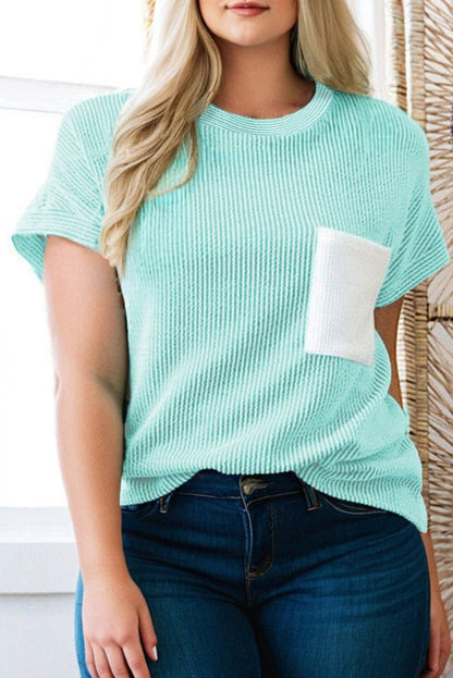 Light Blue Twisted Rib Contrast Pocket Knit Crew Neck Plus Size T Shirt - Love Salve 