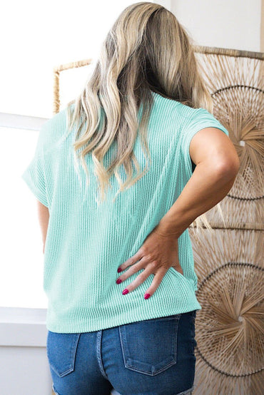 Light Blue Twisted Rib Contrast Pocket Knit Crew Neck Plus Size T Shirt - Love Salve 
