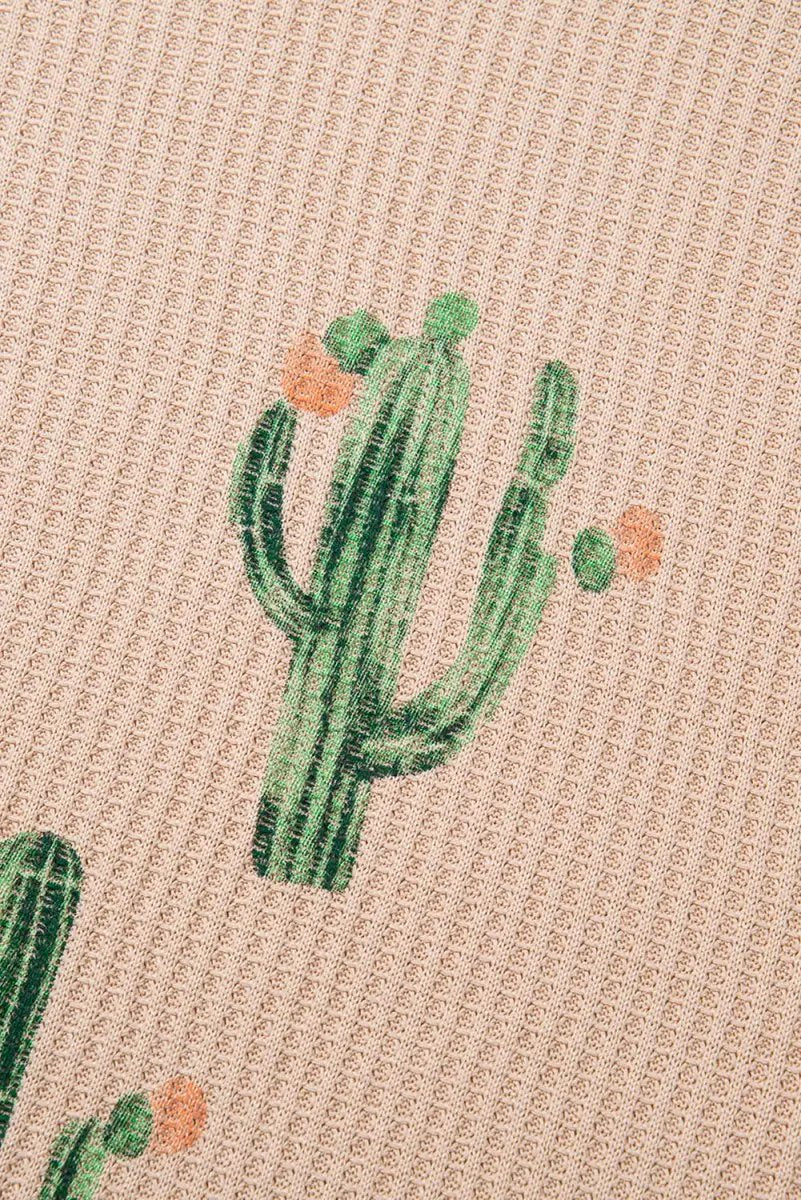 Light French Beige Cactus Forest Waffle Half Sleeve Tee Set - Love Salve 