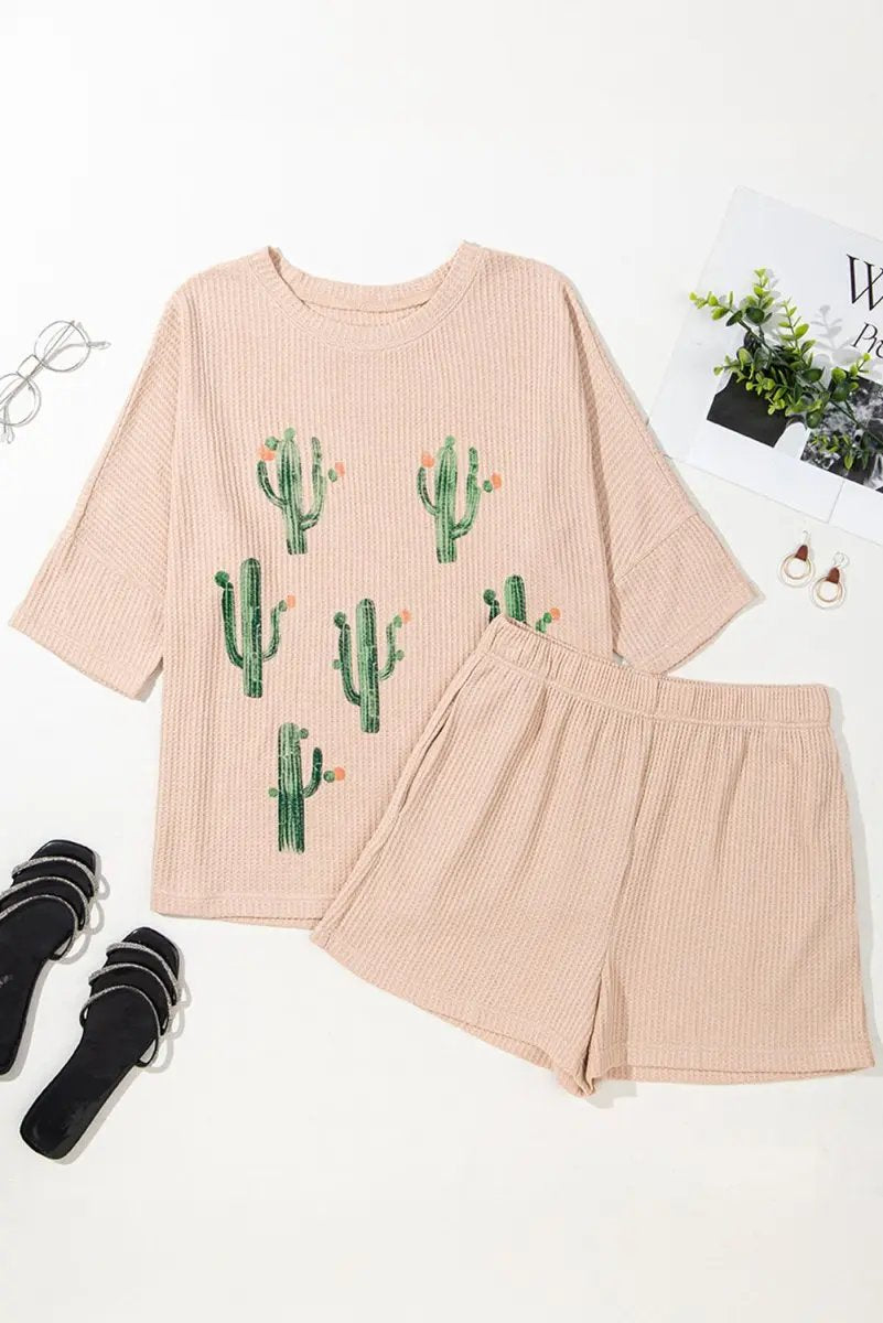 Light French Beige Cactus Forest Waffle Half Sleeve Tee Set - Love Salve 