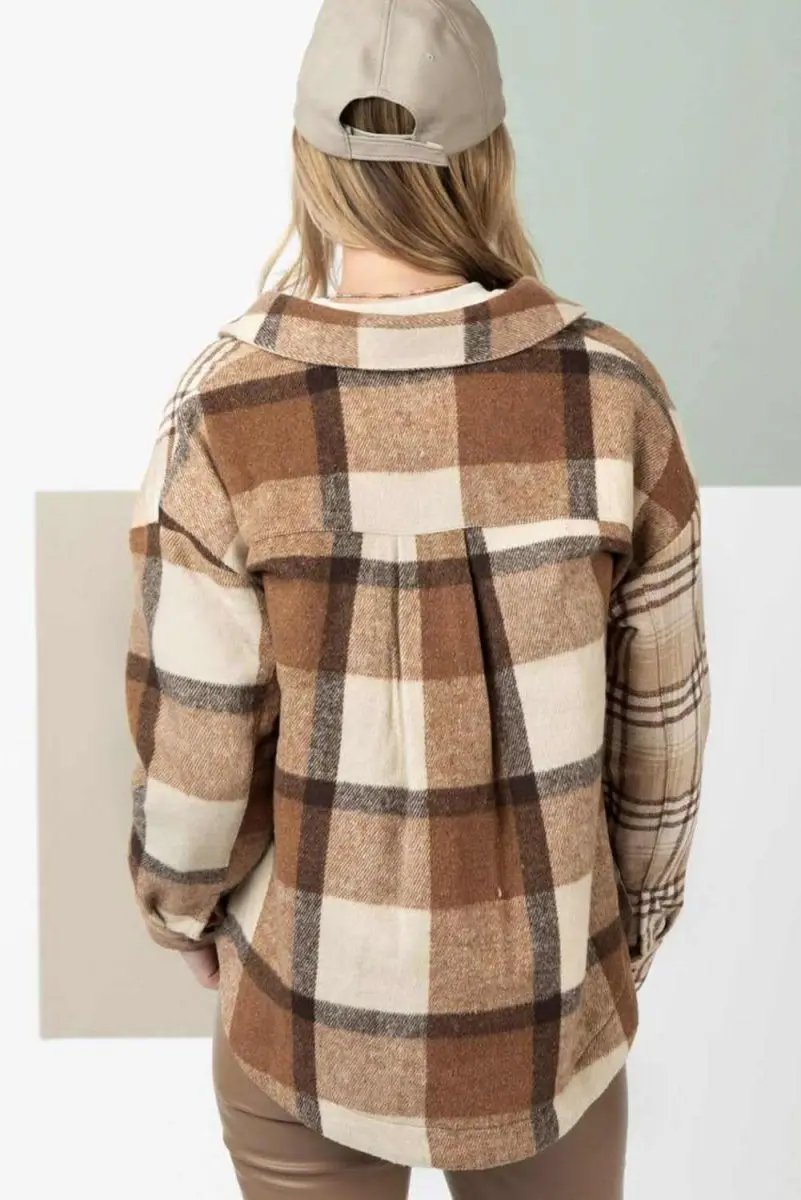 Light French Beige Flannel Plaid Double Flap Pocket Shacket - Love Salve 
