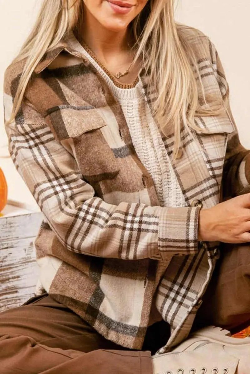 Light French Beige Flannel Plaid Double Flap Pocket Shacket - Love Salve 