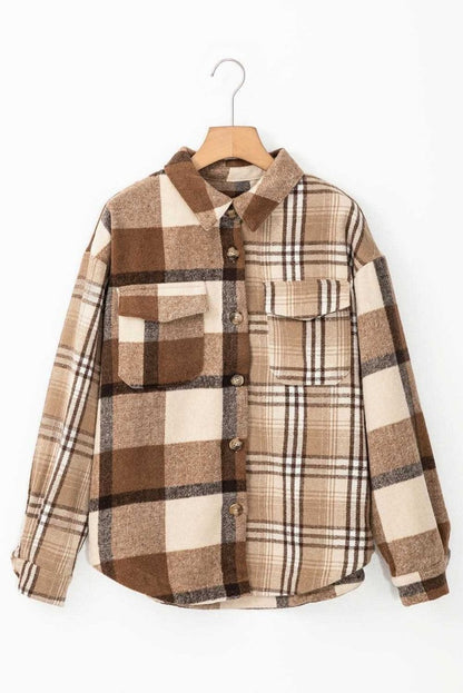 Light French Beige Flannel Plaid Double Flap Pocket Shacket - Love Salve 
