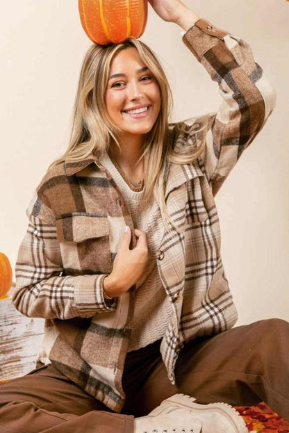 Light French Beige Flannel Plaid Double Flap Pocket Shacket - Love Salve 