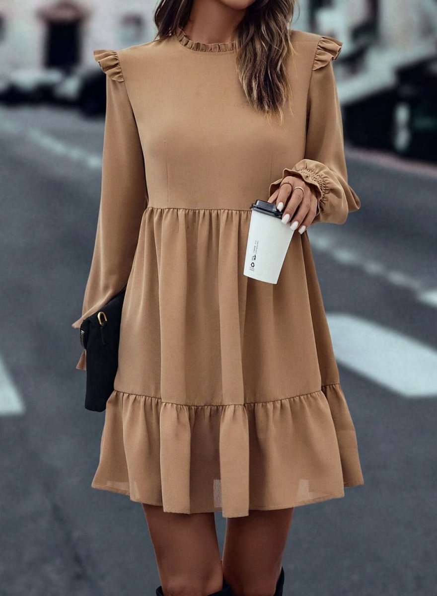 Light French Beige Frilled Collar Ruffled Shoulder Tiered Dress - Love Salve 
