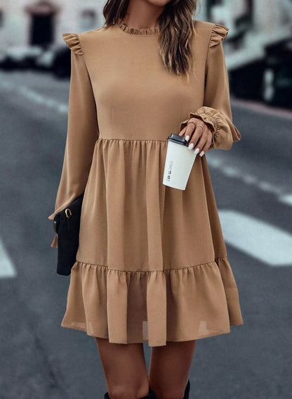 Light French Beige Frilled Collar Ruffled Shoulder Tiered Dress - Love Salve 