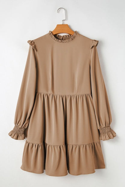 Light French Beige Frilled Collar Ruffled Shoulder Tiered Dress - Love Salve 