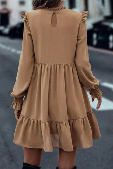 Light French Beige Frilled Collar Ruffled Shoulder Tiered Dress - Love Salve 