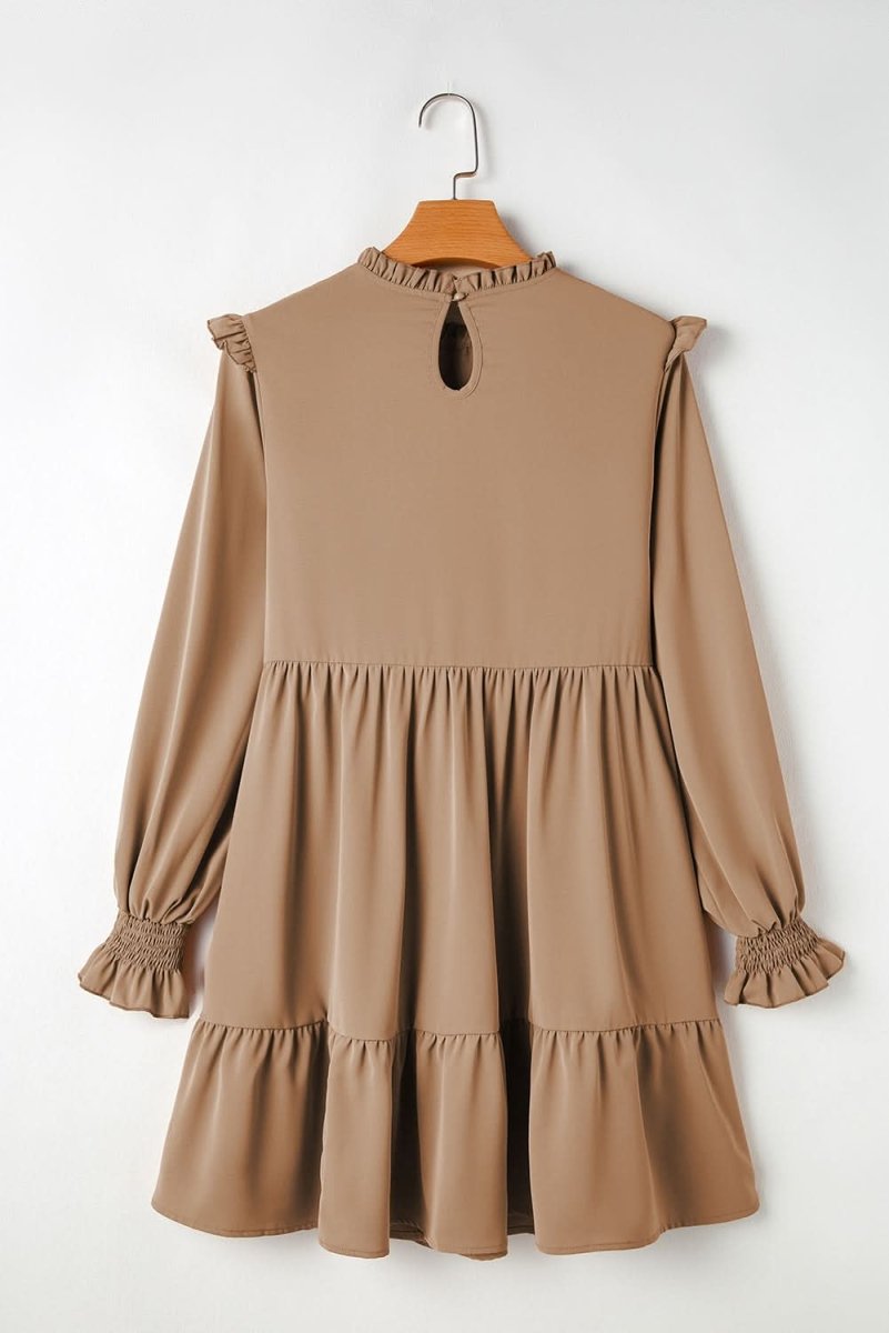 Light French Beige Frilled Collar Ruffled Shoulder Tiered Dress - Love Salve 