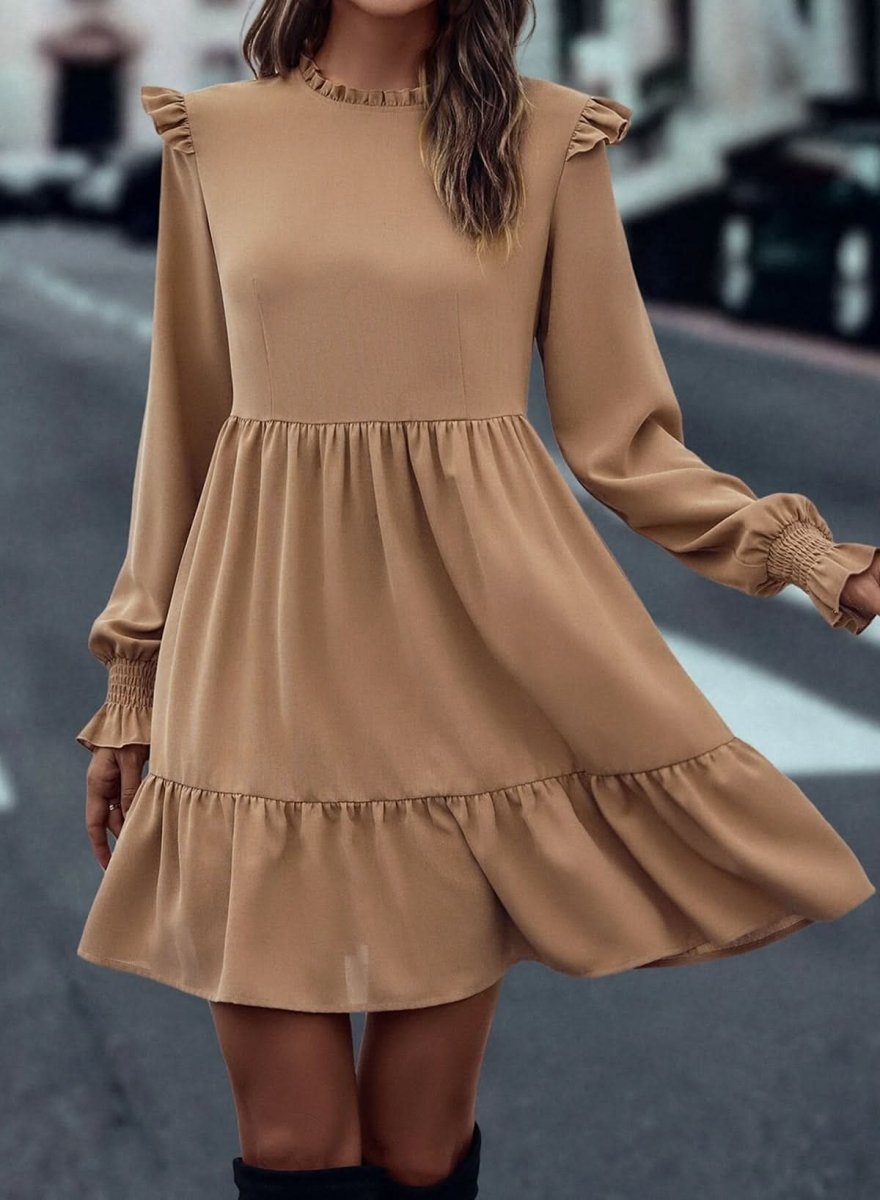 Light French Beige Frilled Collar Ruffled Shoulder Tiered Dress - Love Salve 