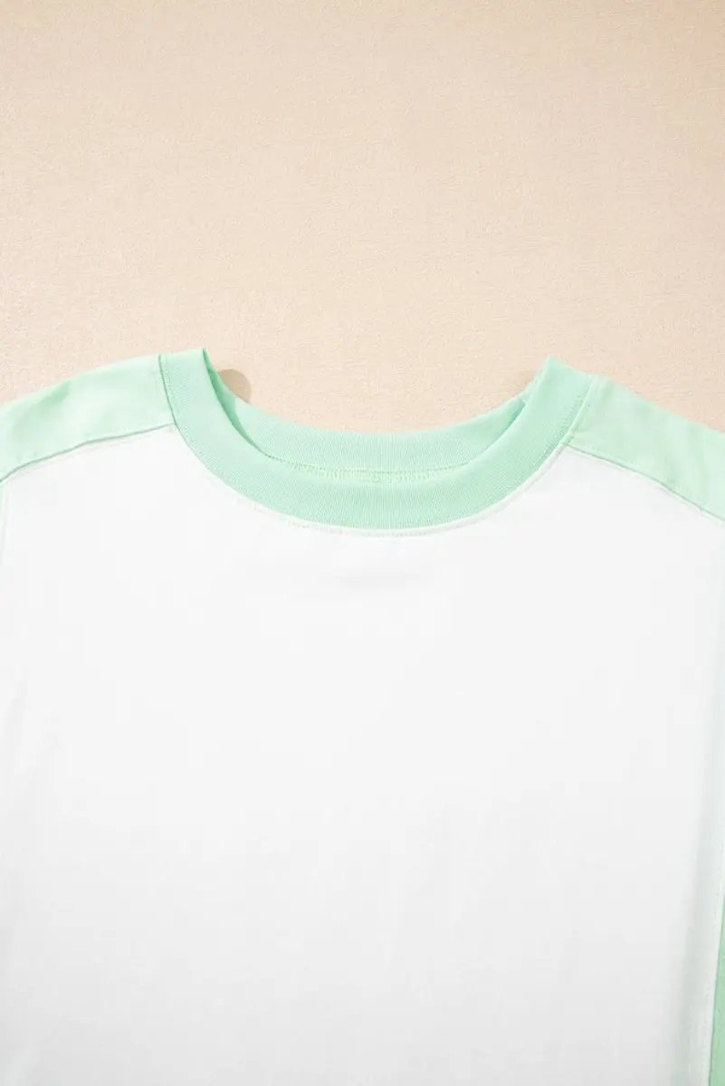 Light Green Color Block Exposed Seam Crew Neck T Shirt - Love Salve 