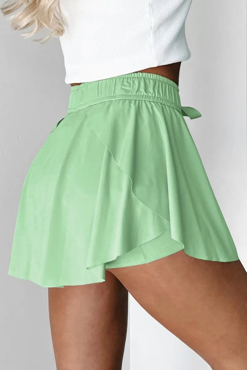 Light Green Drawstring High Waist Lined Tennis Skorts - Love Salve 
