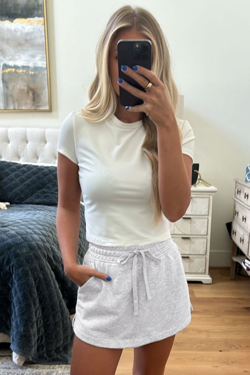 Light Grey French Terry Drawstring Mini Skort with Pockets - Love Salve 