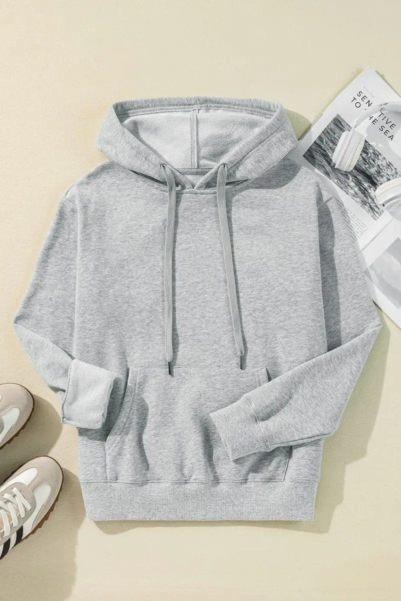 Light Grey Solid Color Fleece Lined Drawstring Hoodie with Pocket - Love Salve 