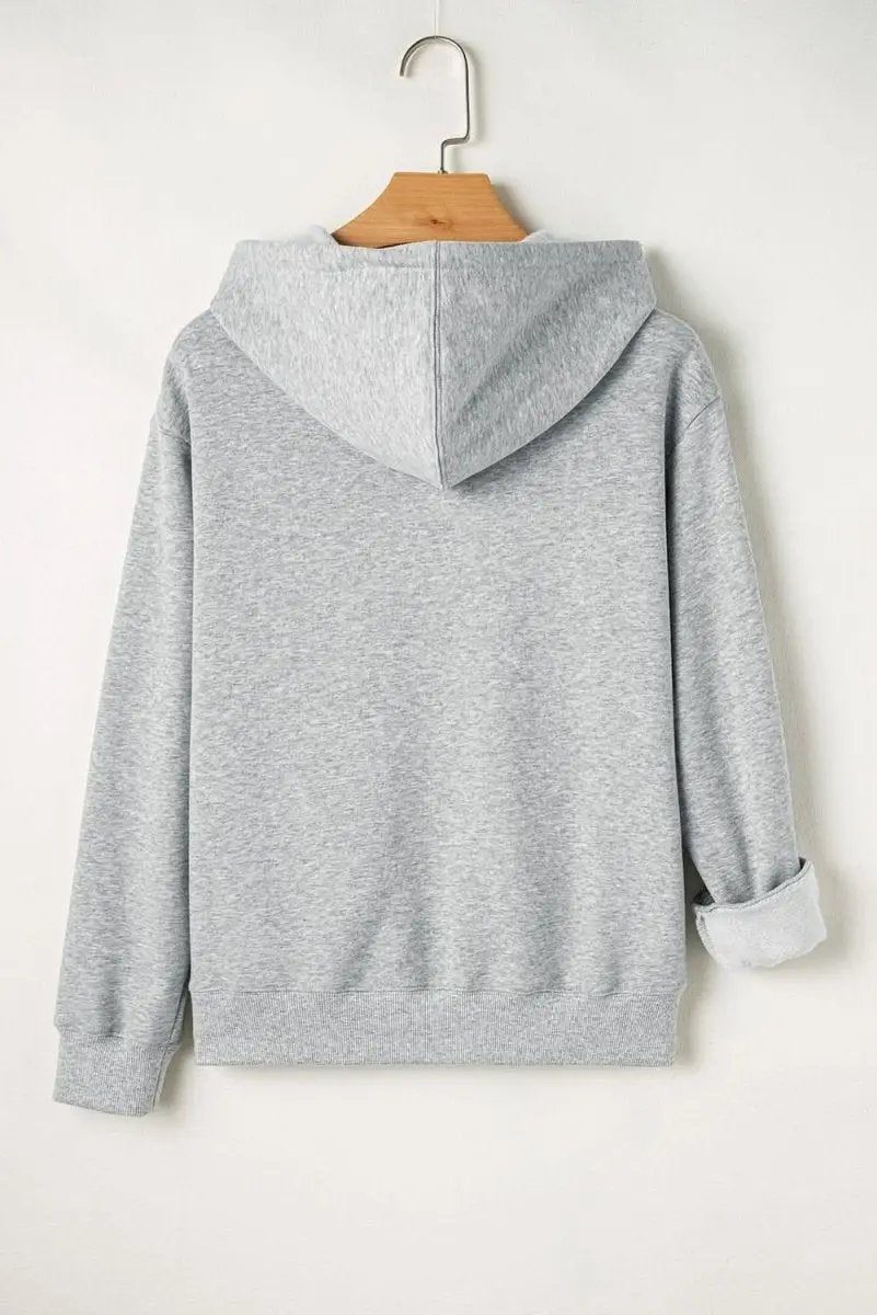 Light Grey Solid Color Fleece Lined Drawstring Hoodie with Pocket - Love Salve 