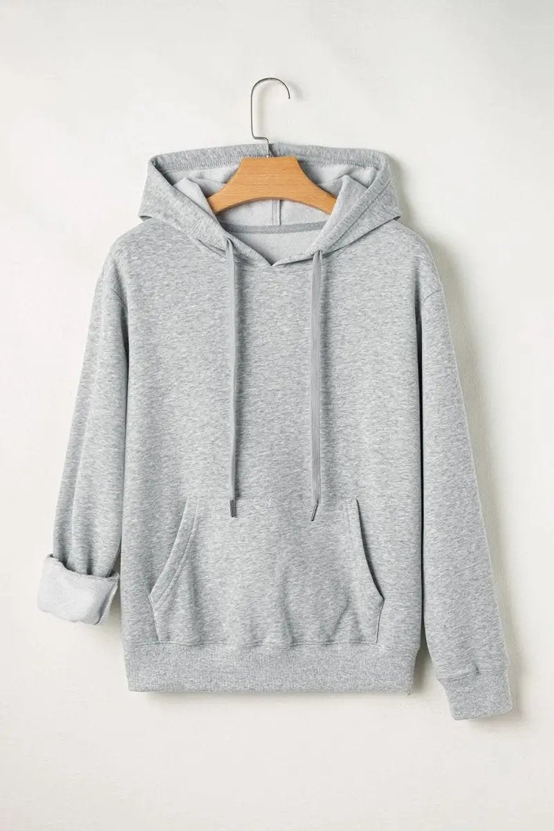 Light Grey Solid Color Fleece Lined Drawstring Hoodie with Pocket - Love Salve 