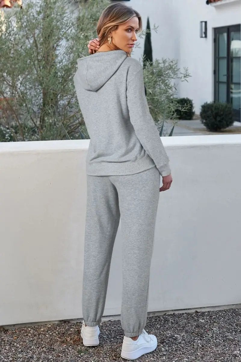 Light Grey Solid Color Fleece Lined Drawstring Hoodie with Pocket - Love Salve 