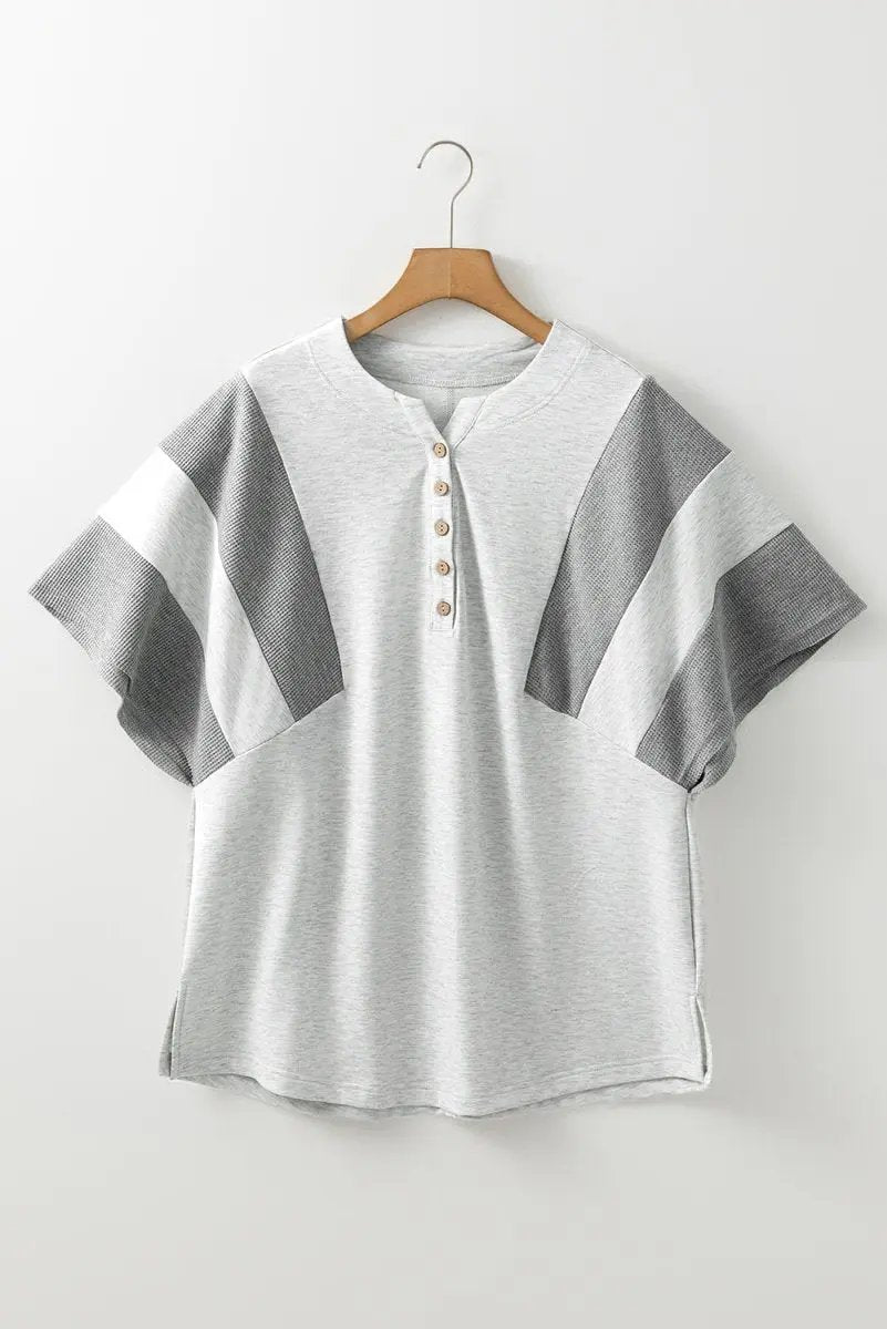 Light Grey Two Tone Contrast Waffle Knit Patched Top - Love Salve 