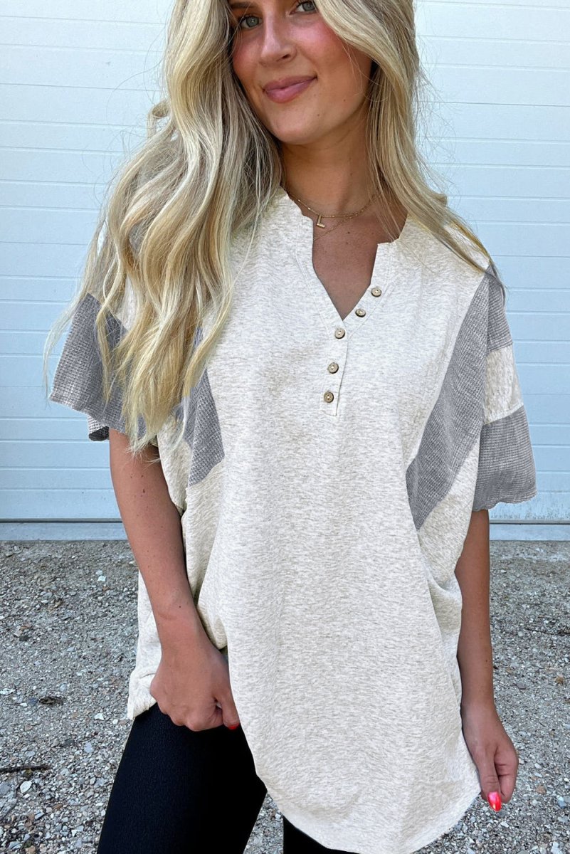 Light Grey Two Tone Contrast Waffle Knit Patched Top - Love Salve 