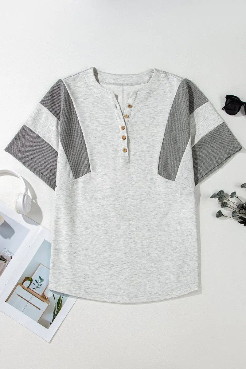 Light Grey Two Tone Contrast Waffle Knit Patched Top - Love Salve 