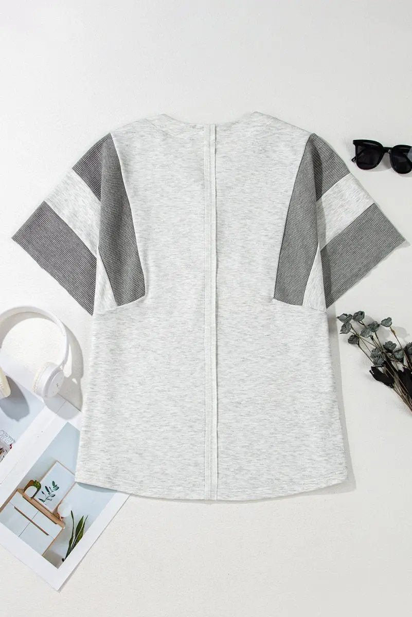Light Grey Two Tone Contrast Waffle Knit Patched Top - Love Salve 