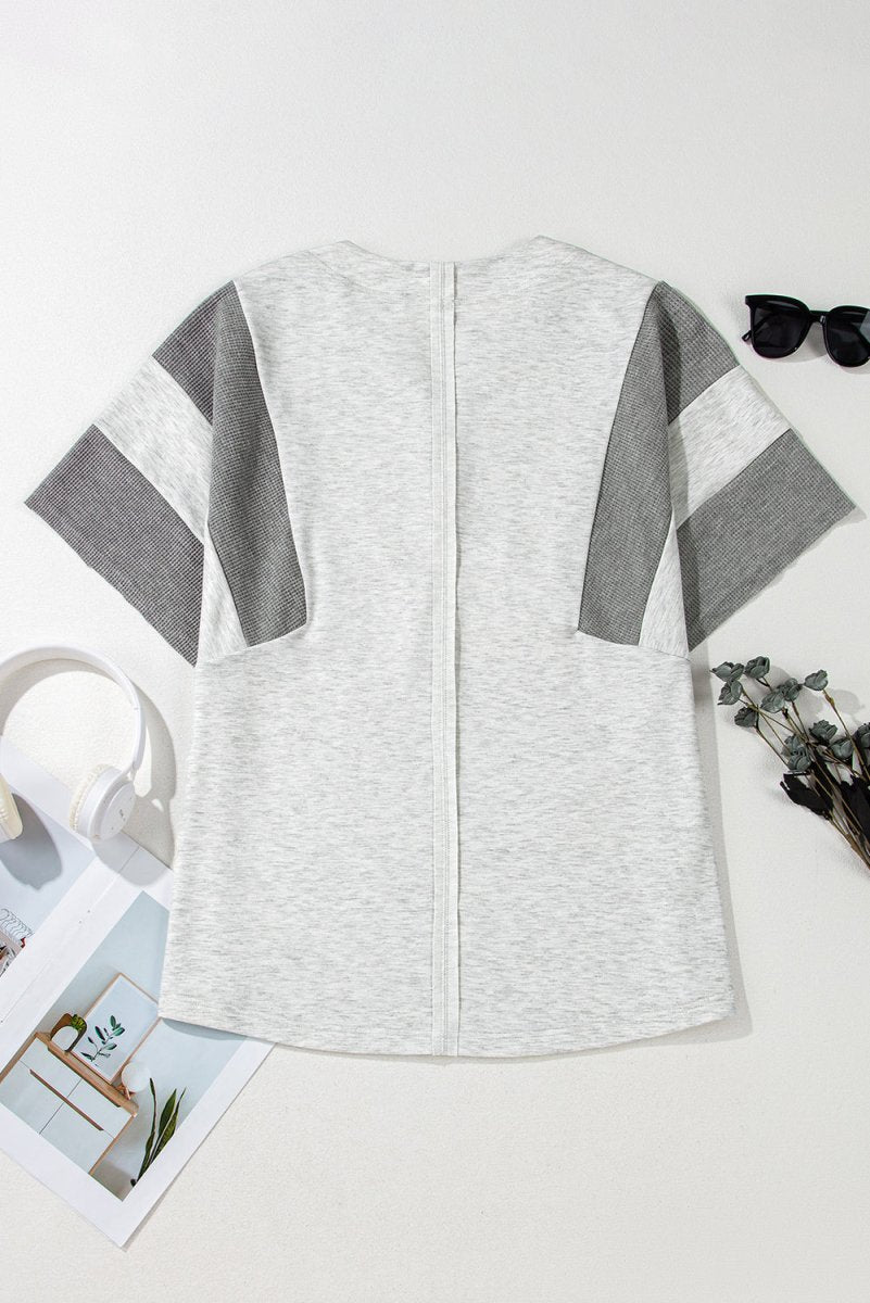 Light Grey Two Tone Contrast Waffle Knit Patched Top - Love Salve 