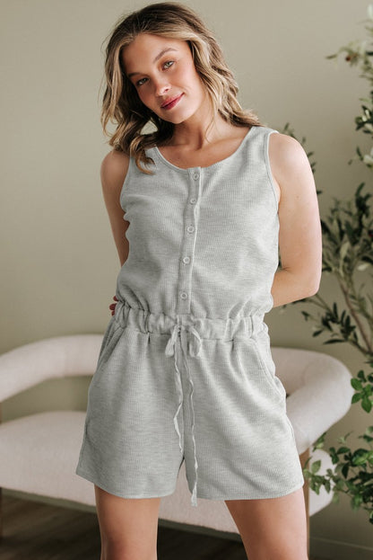 Light Grey Waffle Knit Sleeveless Buttoned Front Drawstring Waist Romper - Love Salve 