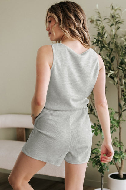 Light Grey Waffle Knit Sleeveless Buttoned Front Drawstring Waist Romper - Love Salve 