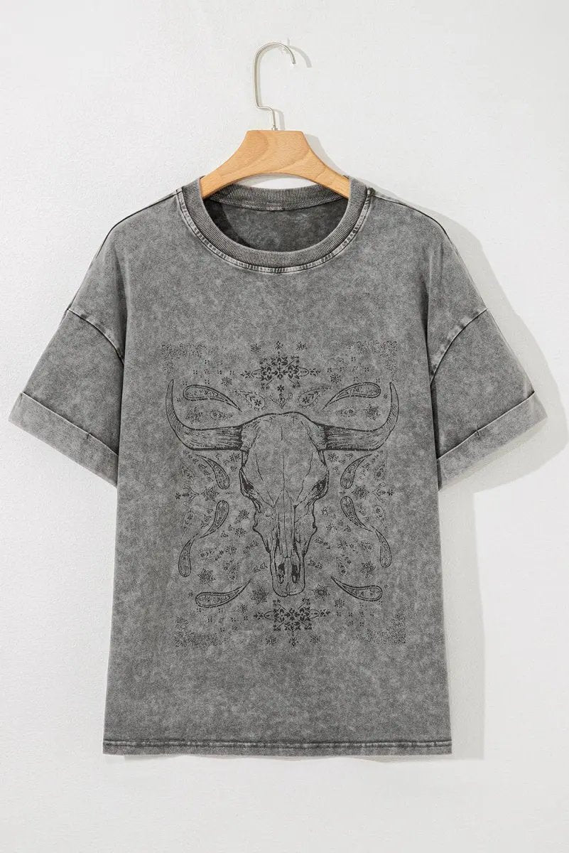 Light Grey Western Steer Head Tie Dye Print Crew Neck T Shirt - Love Salve 
