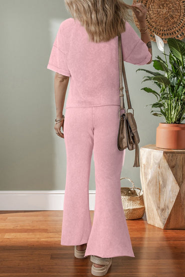 Light Pink Acid Wash Star Patched Rolled Trim Pants Set - Love Salve