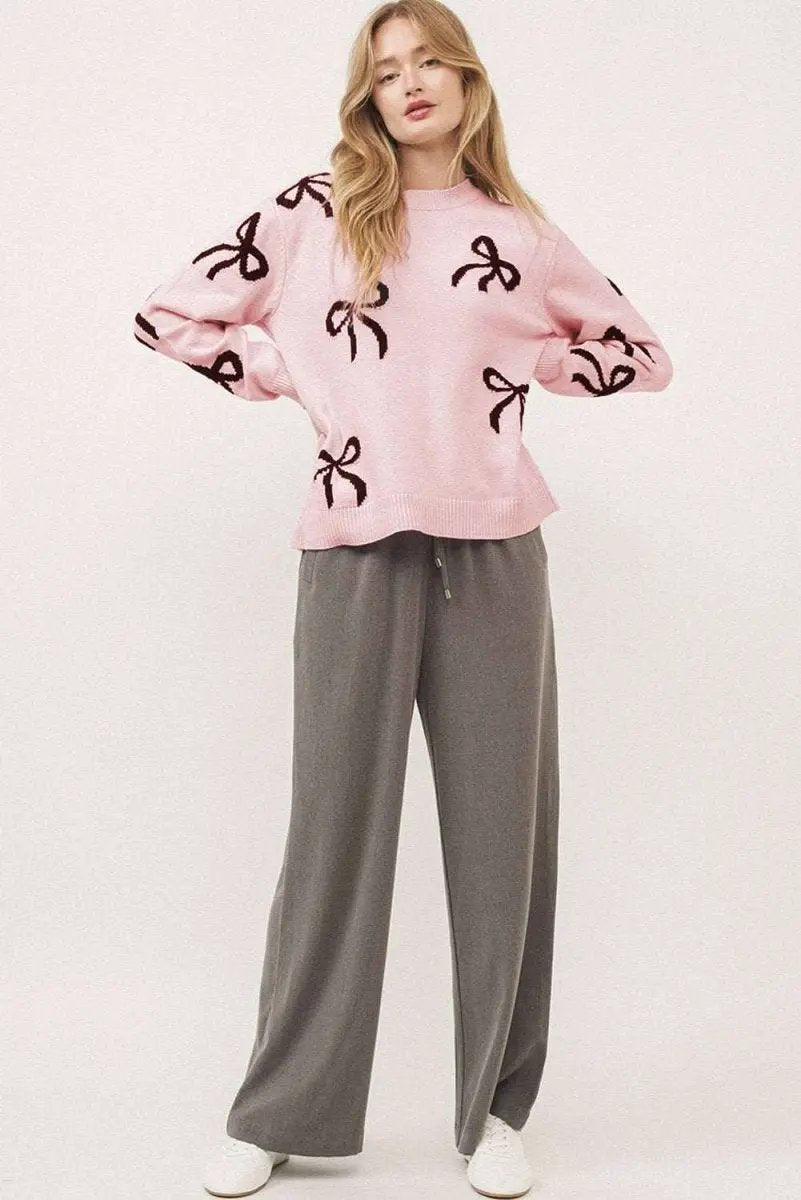 Light Pink Bow Print Cozy Knit Sweater - Love Salve 
